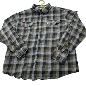 American Worker Flannel Shirt Men Size L Gray Green Buffalo Plaid Button Up